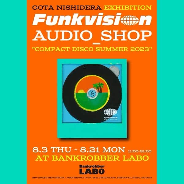 西寺郷太のインスタグラム：「ギャラリースペース「Bankrobber LABO」第7弾企画展 #西寺郷太 個展 / Funkvision_AUDIO_SHOP "COMPACT DISCO SUMMER 2023"の開催が決定！  個展自体は3日木曜日からですが、  西寺郷太在廊日 8月11日（金） 15時〜20時  8月19日（土）〜8月20日（日）  12時〜14時 最終日 8月21日（月）15時〜21時  の予定になります！変化があればまた告知します！ 個展自体は 11時〜21時　休みなく18日間続きます^ ^。  8月3日（木）〜21日（月） at Bankrobber LABO Shibuya (HMV record shop 内) 11:00–21:00  @bankrobber_labo 150-0042 東京都渋谷区宇田川町36-2 ノア渋谷 1F/2F HMV record shop 渋谷  ----------------------------------------------  8/10(木) 西寺郷太インストアライブ&サイン会開催決定！  ----------------------------------------------  昨年春から「壁に飾るオーディオ」というコンセプトで、オープンリールやスピーカー、ターンテーブルなどを絵画作品として描き、全国各地で個展を重ねてきました。  僕が物心つき、音楽を浴びて育ったのは1980年代のことです。  思い返すと、季節ごとに発売されるカラフルなコンポやWラジカセ、ウォークマンなどの「最先端のマシーン」そのものへの憧れが、そこで鳴らされる音楽や楽器と同じくらいの衝撃と夢を、少年期の自分の心に与えてくれたと感じています。  今回は新進気鋭のオーディオ・ブランド「km5」と協力し、ワイヤレスCDプレーヤー『Instant Disk Audio CP1』の制作段階で生まれ不要になった初期不良、試作品を提供していただきました。その本体に絵を描き立体的に作品化した新作を中心に展示します。  2020年代、「フィジカル」の意義も価値も大きく変わりましたが、伝統あるこの街、渋谷HMV record shop 内の新しいギャラリーにて2023年夏の鮮やかな想い出を皆さんと作れることを心から嬉しく思っています。  西寺郷太  ----------------------------------------------  古い音楽仲間の一人である西寺郷太。もともと僕は彼の書く文字が大好きでした。漢字もひらがなもカタカナもアルファベットも全て彼というキャラクターを表しているように思えたのです。オシャベリが大好きで人懐っこいのにインテリジェンスを感じることができる綺麗なのに可愛らしい文字。  そんな僕を魅了した文字を書く郷太がパンデミック渦の最初の秋に突然インスタグラムに絵を載せはじめました。それはとてもフレッシュな衝撃を与えてくれました。僕はすぐに連絡をとってキットギャラリーで個展をやった方が良いと申し出ました。それから3年。郷太の絵も次のステップに突入したように思えます。いや厳密に言うと第四章目くらいなのかも。  とにかく、、、 渋谷のレコードショップの中のギャラリースペースで展示をやるのがとても似合うミュージシャンであり文化人と言って良いであろう西寺郷太。  2023年の夏、彼から何が出てくるかとても楽しみにしています。  松田”CHABE”岳二 (kit gallery/Bankrobber LABO)  Designed by @kink_alphaville」