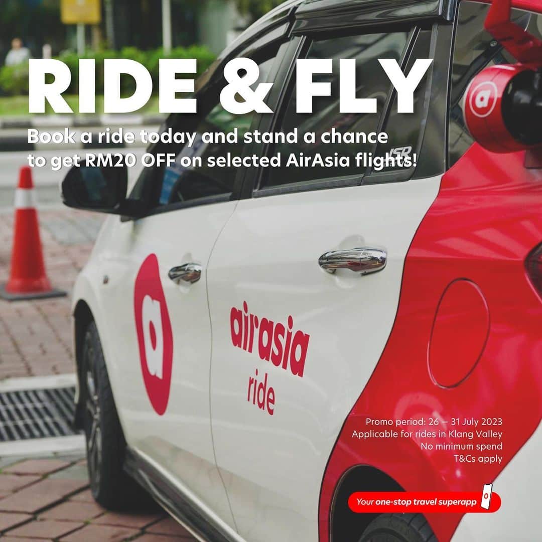 エアアジアのインスタグラム：「It's time to save on your rides! 🚘📲✨  Get RM3 OFF* your airasia ride with promo code [TIGA]. Unlimited redemptions until 31 July 2023. Plus, you could also win RM20 OFF AirAsia flight vouchers! ✈️ T&Cs apply.  #airasiaride #airasiasuperapp #exploretheworld #rideandfly」