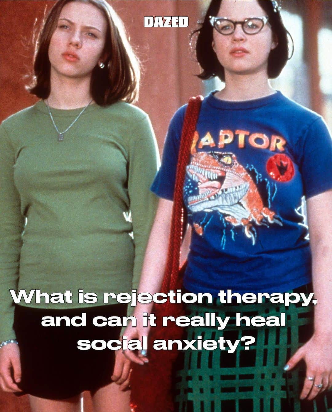 Dazed Magazineのインスタグラム：「The premise is simple: each day, you try to get rejected 🙅⁠ ⁠ Whether it’s asking a stranger for a hug (or a photo, or £100), or asking if you can take a nap at a mattress shop, the goal of rejection therapy is to inure yourself against what its creator Jason Comely calls “the tyranny of social rejection”.⁠ ⁠ The therapy began as a card game, with Comely challenging players to seek out rejection every day for 30 days. It was then spearheaded by Jia Jang, whose TED Talk on the matter went viral in 2016. Now, its popularity has exploded, and #rejectiontherapy has over 72 million views on TikTok. ⁠ ⁠ What began as a method for individuals to develop personal resilience to social self-consciousness has now become a social media trend, a means of seeking out likes, followers, and audience engagement.⁠ ⁠ Tap the link in bio to read more 🔗⁠ ⁠ ✍️ @ben_jureidini⁠ 📸 Ghost World(Film Still)⁠ ⁠ #Dazed #RejectionTherapy」