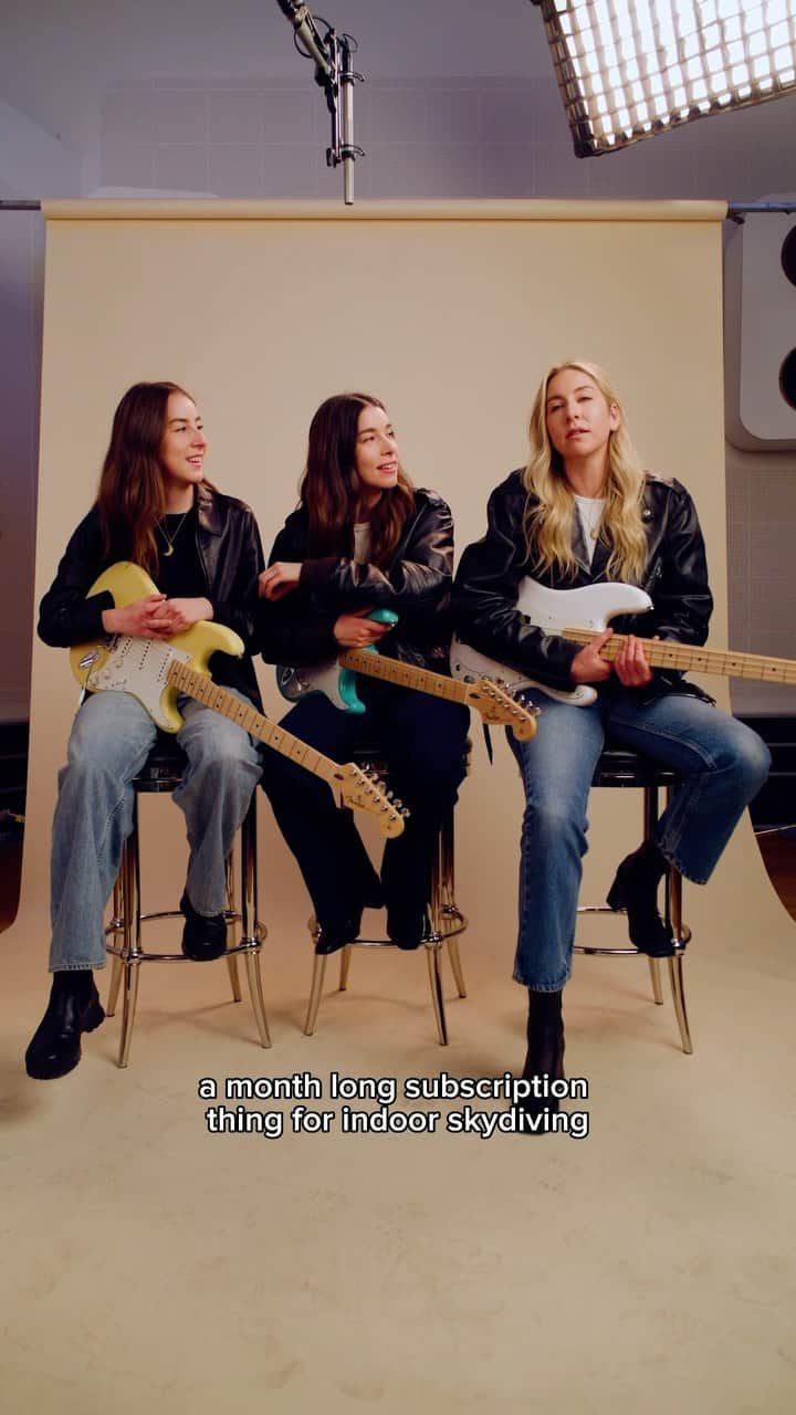 Fender Guitarのインスタグラム：「Regrets can come in many different forms. Hear from @haimtheband why you’ll never catch them indoor sky diving or roller skating ever again. Something you won’t regret? Being a Player. See more about the Player series at the link in bio.」