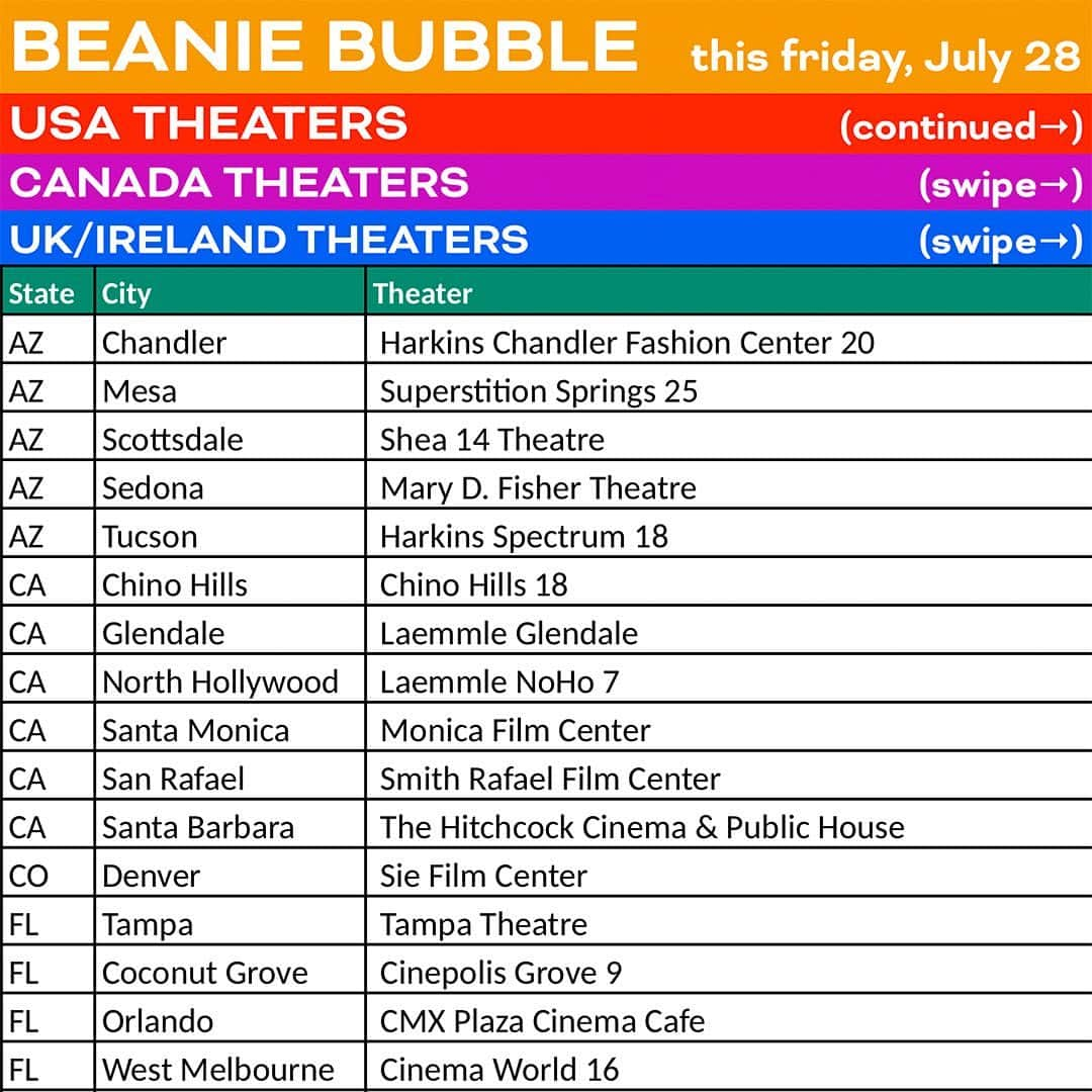 ダミアン･クーラッシュのインスタグラム：「As you’re making your weekend plans, please consider going to see our film The Beanie Bubble in a theater. It will be on Apple TV+ as of Friday, but for those who can, it’s worth seeing on a big screen.   If it’s not playing at your local theater, I apologize. Kindly direct your comments to Barbenheimer.  (For all the UK listings where the “theater” is just the city name again, the theater is “The Light” in that city)」