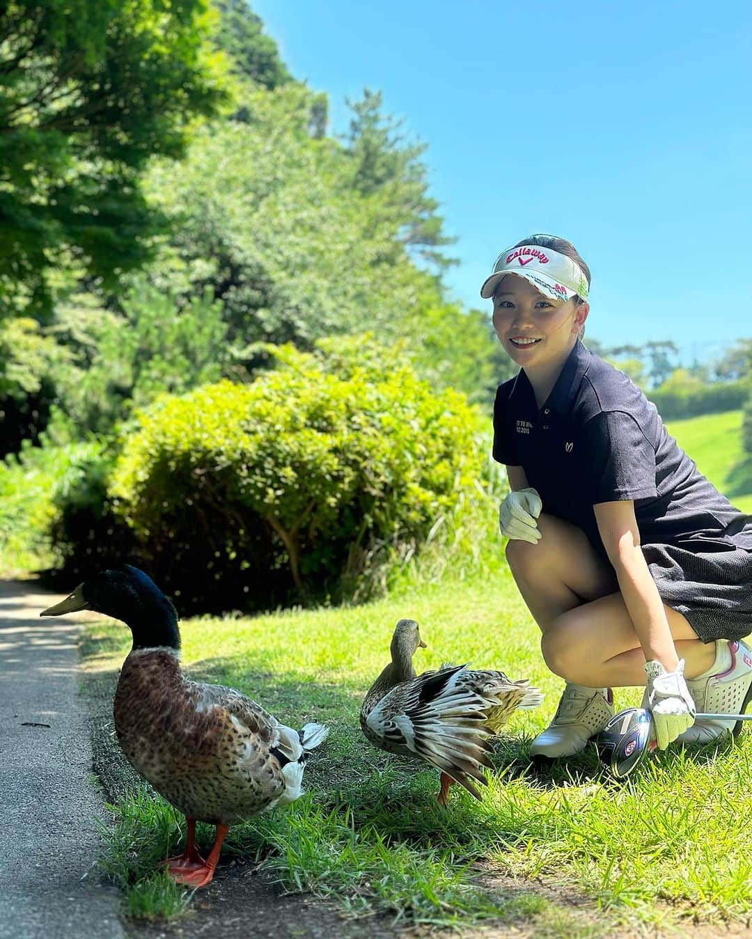 陽菜えみるのインスタグラム：「.  Golf & onsen trip🌳🍃 in Atami 🦆  @ayu_u3u_5 が何度も来てる ホームグラウンド熱海ゴルフ倶楽部で やっと一緒にラウンド⛳️🌈  前乗りして温泉楽しんで 翌日ゆっくり起きて 最終ラウンドでまわって またゴルフ場で温泉な弾丸♨️  🦆🦆はここの看板娘？息子？で 毎回出迎えてくれるらし〜かわえぇ💕  海風は心地良かったけど 流石に暑過ぎたから涼しくなったら あゆこの子たちに逢いに行こ〜(笑)  .」