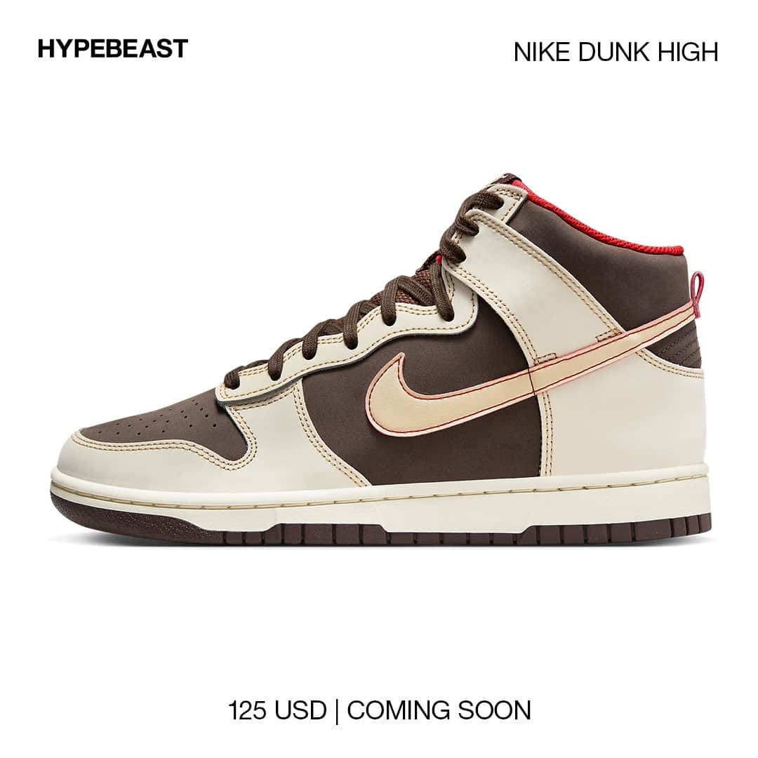 HYPEBEASTさんのインスタグラム写真 - (HYPEBEASTInstagram)「@hypebeastkicks: @nike has just unveiled a new hoops-inspired Dunk High colorway. ⁠ ⁠ While it bears no association to @travisscott, its color arrangement is similar to the Cactus Jack rapper's Air Jordan 1 Low OG "Reverse Mocha" collaboration. Toe boxes, quarters and collars are dyed with a chocolate brown hue and come paired next to "Sail" overlays. Additionally, the Swooshes have been treated with creamy exteriors while bold red accents poke out through the interior liners and checks. Inside the kicks, you'll find the insoles decorated with basketball-themed Nike logos. ⁠ ⁠ Would you rock these?⁠ Photo: Nike」7月27日 4時40分 - hypebeast