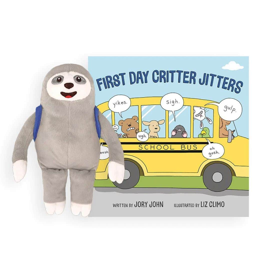 リズ・クライモのインスタグラム：「Just in time for school, sloth plush from “First Day Critter Jitters” now available from @merrymakersinc 🚌🦥❤️ Click to shop!  “The first day of school brings all kinds of jitters to a classroom full of critters! First Day Critter Jitters is a hilariously relatable back-to-school book written by bestselling author Jory John and illustrated by Liz Climo. Every animal has a different worry, especially Sloth who is afraid that he may be too slow to make it to school on time. Now, readers can share their back-to-school fears with their very own First Day Critter Jitters Sloth. Made with soft grey plush and measuring over 7 inches, Sloth has an expressive embroidered face and carries a backpack with a pocket perfect for holding special notes of encouragement and love.”  Availavle from @merrymakersinc via their website & select retail locations」