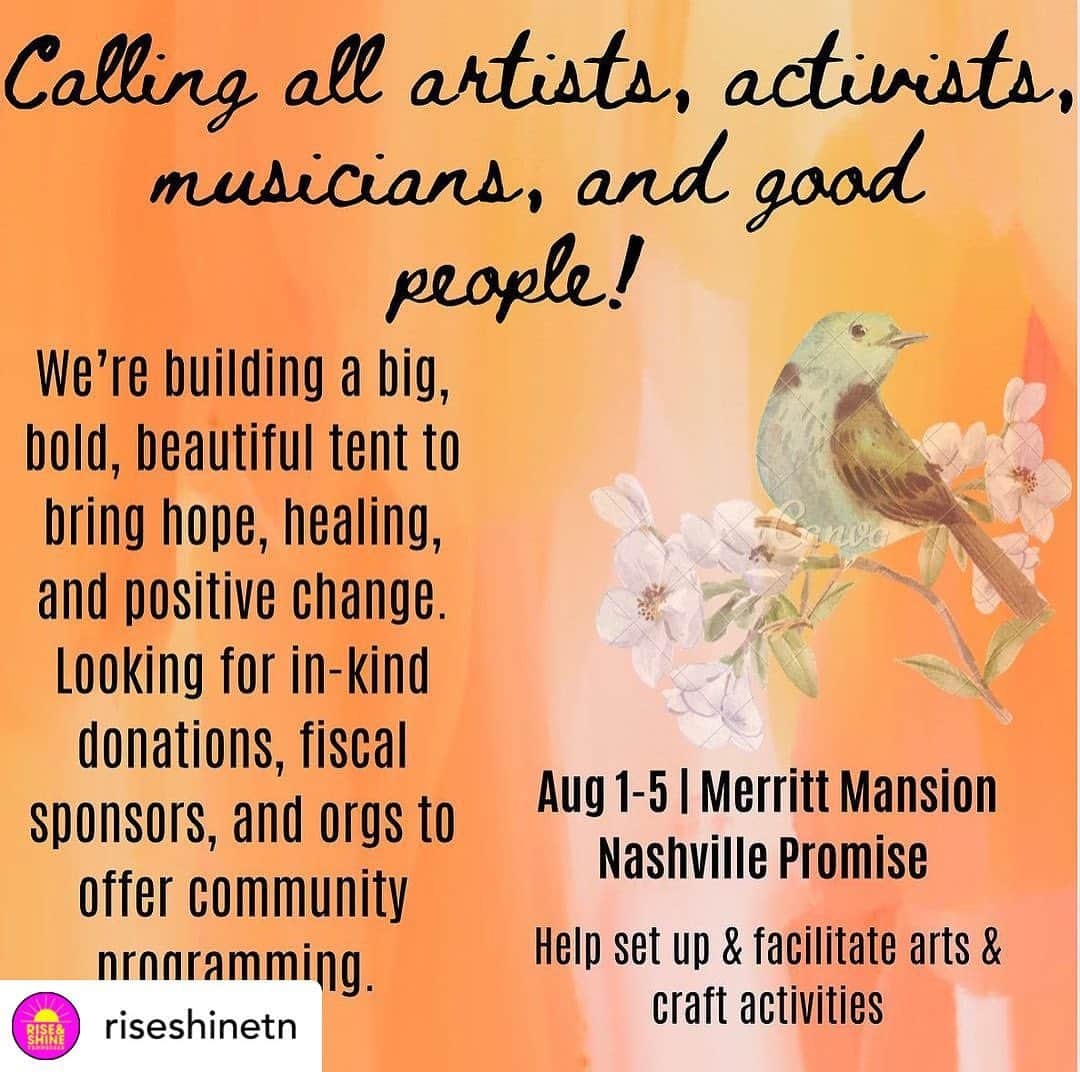 レイチェル・レフィブレのインスタグラム：「Posted @withregram • @riseshinetn Calling all artists, activists, musicians, and good people! We’re building a big, bold, beautiful tent to bring hope, healing, and positive change. Looking for in-kind donations,  fiscal sponsors, and orgs to offer community programming.   Help needed: Set-up Aug 1-5; facilitating arts & craft activities on the Merritt Mansion front lawn during the run.   🔎Connect:  https://Arts4Impact.org/NashvillePromise  #UpInArms #NashvillePromise 🖌️🎶」