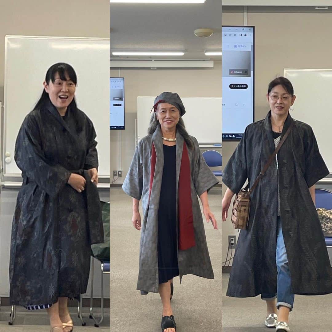 Diy Soho手作り倉庫さんのインスタグラム写真 - (Diy Soho手作り倉庫Instagram)「NHKカルチャー講座 大島紬で作る単のコート 第4回講座の最終日は 製作したコートをコーデしたファッションショーで楽しみました。 みなさんとてもよい笑顔です。 お母様の形見の大島紬、大切にしまっておいた物、購入した物、 それぞれの大島紬が素敵なコートに変身しました。 私は(世界にひとつだけの洋服と小物)掲載作品を着てみました。  講座に足を運んでくださった皆様ありがとうございました♪」7月27日 8時34分 - diy_soho2