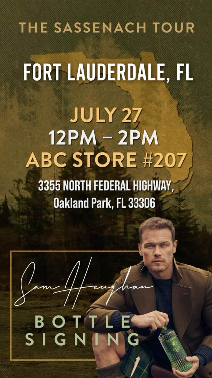 サム・ヒューアンのインスタグラム：「#FortLauderdale we have arrived! Join us this Thursday, July 27 @abcfinewinespirits to celebrate the launch of the #Sassenach #WildScottishGin 🍸🍏  ABC Store #207 3355 North Federal Highway,  Oakland Park, FL 33306  Thursday, July 27th 12:00pm – 2:00pm   . . #SamHeughan #SassenachSpirits #Gin #Whisky」