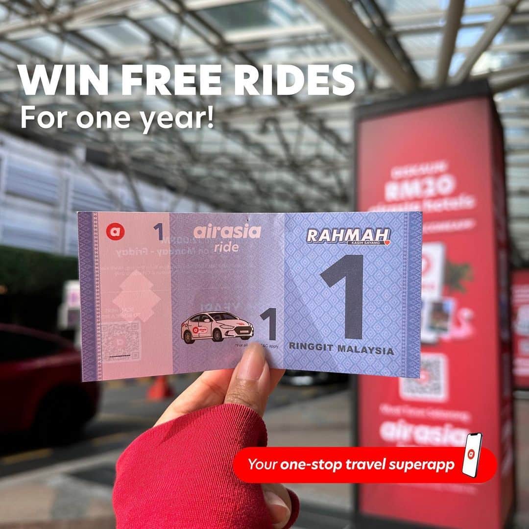 エアアジアのインスタグラム：「Hop on for a YEAR of FREE rides with airasia ride! 🚘  Show us some ❤️ and screenshot this RM1 voucher, and post it on your Instagram/Twitter, tag @airasiasuperapp, and hashtag #RM1Ride to enter this EPIC contest!   Don't miss out on this incredible chance to be driven for free on us! 🚗 💫   #airasiasuperapp #airasiaride #RM1Ride」
