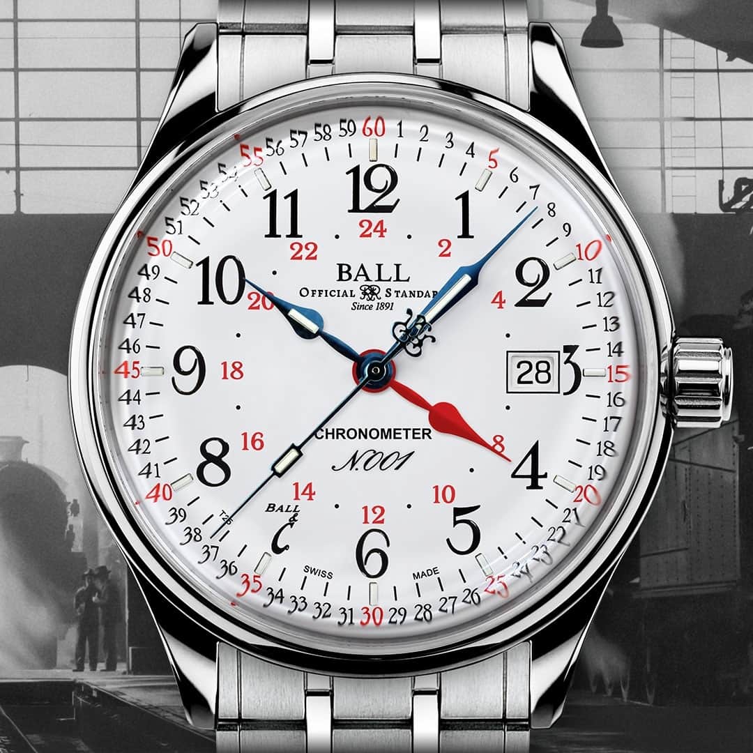 ボール・ウォッチのインスタグラム：「Designed to honor standard time and the official railroad standard watch created by Webb C. Ball. Featuring revolutionary micro gas tubes for extreme readability in darkness along with GMT functionality, the Trainmaster Standard GMT is a retro dress watch with its enamel dial, Arabic numerals and poire squelette hands. Limited to 999 pieces, the timepieces are tributes to our fearless pioneer and enduring heritage. Discover more at shop.ballwatch.ch, to select your edition number and personalize with engraving. ⁠ ⁠ linkinbio⁠ ⁠ #ballwatch #swissmade #train #heritage #railroad #railway #artpiece #pocketwatch #classic #timepiece #craftmanship #lumewatch #watchcollecting #wotd #watchesofinstagram #instawatch #watchnerd #wristcandy #watchpics #watchfam #watchaholic #watchaddict #montres #relojes #swisswatches #watchcollector #craft #enamel」