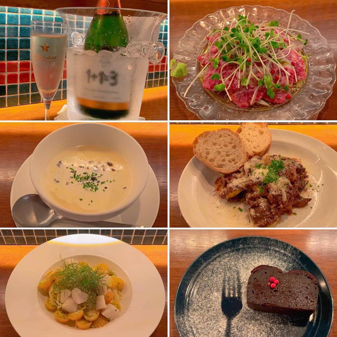 くろさんのインスタグラム写真 - (くろInstagram)「今宵は🍾🥩🍝  本日も美味しゅうございました◡̈  #和牛カルパッチョ旨し #冷製コーンスープ #冷製パスタ  #牛筋煮込み #デザートも美味しい #全部旨し #語彙力弱め #平塚出身シェフ #イケメンシェフ #サザンが好きな人と繋がりたい #奥沢食堂ghiotto #奥沢食堂ギオット #奥沢グルメ #奥沢ディナー #奥沢イタリアン #自由が丘グルメ #自由が丘イタリアン #自由が丘ディナー #くろ呑み喰い」7月27日 20時13分 - m6bmw