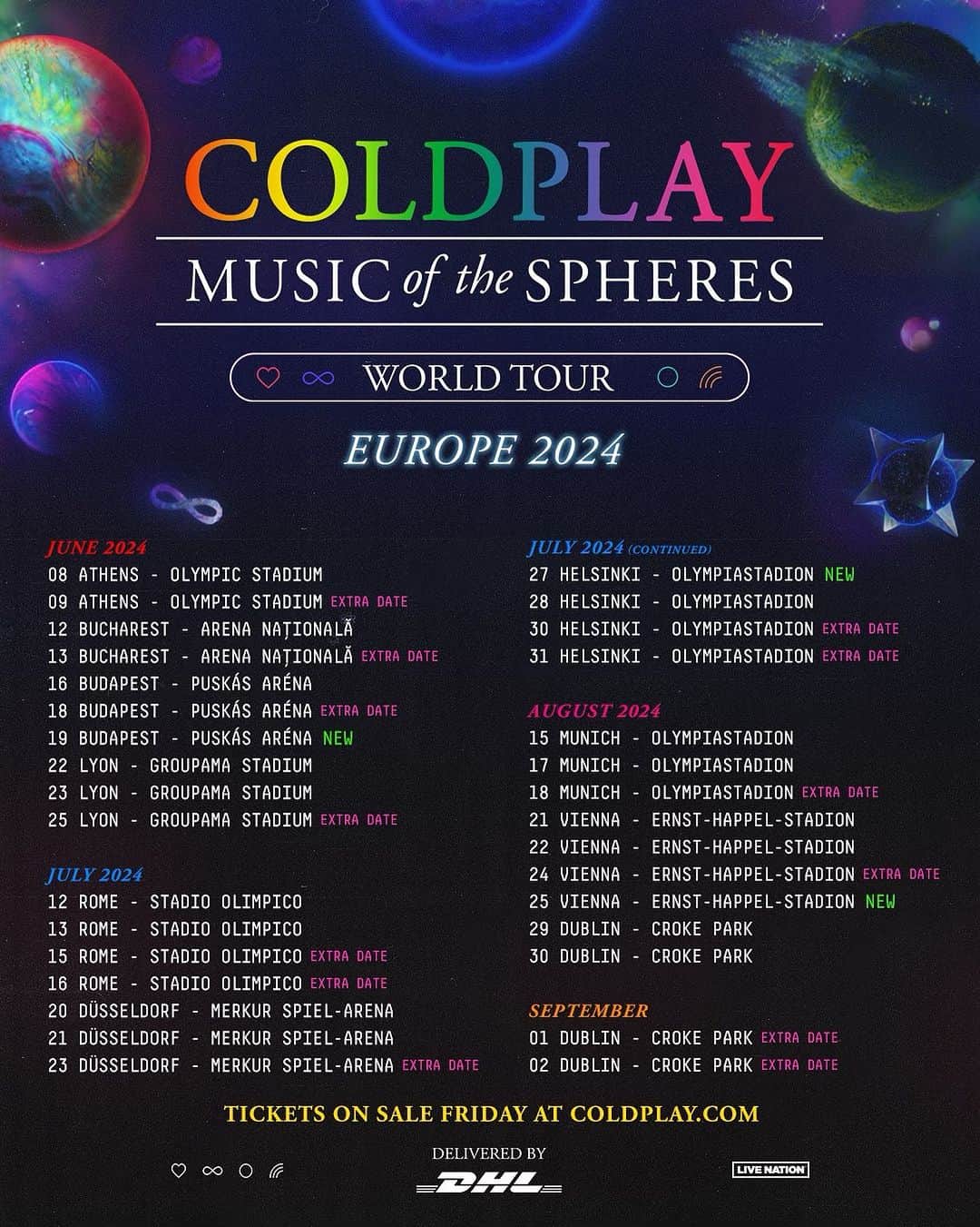 Coldplayのインスタグラム：「✨ 🇭🇺 🇫🇮 🇦🇹 Additional 2024 shows just added for Budapest (19 June), Helsinki (27 July) and Vienna (25 August). There is no presale for the new shows.   General sale for these and all 2024 European dates begins tomorrow morning (Friday) at 10am local time. #MusicOfTheSpheresWorldTour」