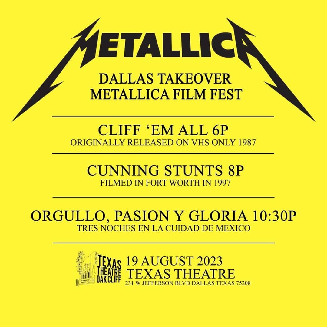 メタリカのインスタグラム：「🇺🇸 Texas! Tickets are now on sale for the Dallas Takeover at Texas Theatre. On August 19, we’ll be screening three films from three eras: “Cliff ’Em All,” “Cunning Stunts,” & “Orgullo, Pasión, y Gloria: Tres Noches en la Ciudad de México.”  Get tickets 🎫 Link In Bio」