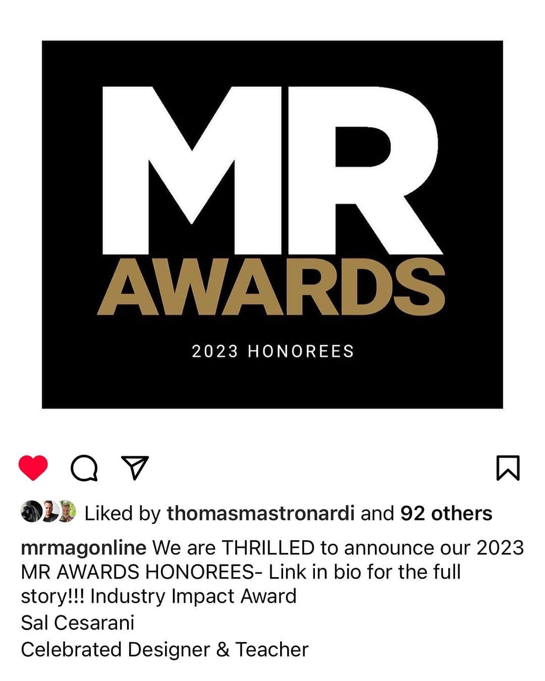 セサラーニのインスタグラム：「Just wanted WAINSCOTT and MR magazine to know how truly humbled I was to have Stan Herman, speak about my accomplishments, my dearest friend Jeffery Banks, Fern Mallis, DuffyHickey Joe Barratto and FIT Mary Wilson and  Especially my Son Christopher with his wife Rebecca and my granddaughter ❤️ Was wonderful seeing the Best of the very Best of retailers too!  Let’s remember the New generation of Students! Thank you from the bottom of my heart ❤️.」
