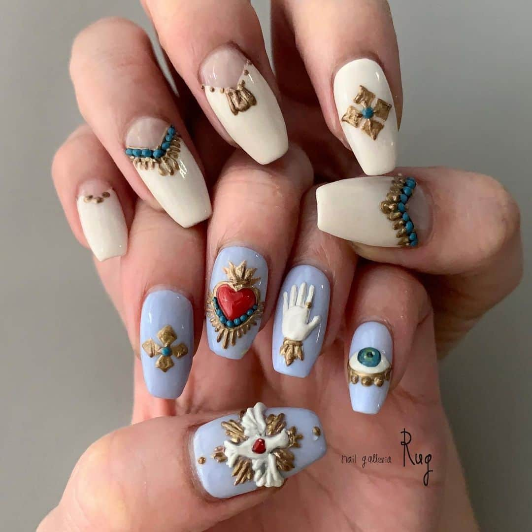 aoki_nailさんのインスタグラム写真 - (aoki_nailInstagram)「ペイント×立体art  メキシコのインテリアに ありそうなイメージで mynail お気に入り♡  お出かけするためにネイルをするのか、  はたまた  ネイルがかわいいから出かけたくなるのか？  私は後者かな🙆‍♀️w  nailgalleria  Rug〈ラグ〉 大阪市北区中崎西2-6-3  10set #rugペイントD#メキシコ雑貨  #手描きアート#手描きデザイン#手描きネイル#夏フットネイル#フットネイル大阪#アートネイル大阪 #instanail#nails#絵#イラストネイル#フットネイルデザイン #アートネイル大阪#夏ネイル#インポートドレス #アートネイル」7月28日 0時32分 - aoki_nail