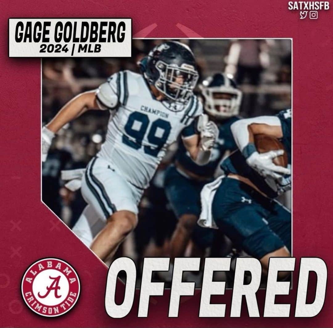 ビル・ゴールドバーグのインスタグラム：「Damn proud of @goldberg21_99 Let me be perfectly clear….. this is NOT for a full scholarship. This offer is for a preferred walk on which is a damn good place to start. POTENTIAL means you ain’t done sh** YET! This kid works his ass off playing 2 sports… just finished baseball a week ago…. switches to football training and heads to @alabamafbl for a camp and a visit.  The most successful coach in college football history looks our son in the eye and offers him a PWO. You don’t have to be a rocket scientist to know that Coach Saban obviously sees potential in our boy.  I can open doors, but the performance is on Gage. College football is a business reliant upon success. Don’t think for a second this was handed to him. Stay tuned ‘cause it about to get real!! Let the games begin!!! #proudparents #proud #moretocome #football #college」