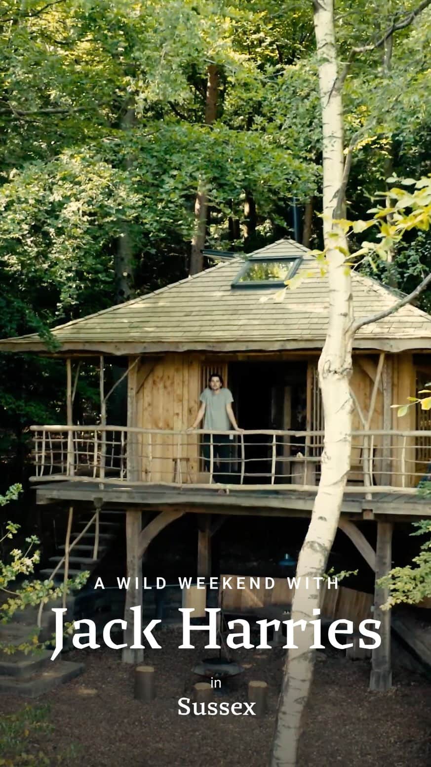 Jackson Harriesのインスタグラム：「For his second Wild Weekend, @jackharries is off to Sussex to meet the thriving community at the heart of a rewilding project and stay in one of the incredible handcrafted treehouses at Wilderness Wood.  Joining in is encouraged here, and Jack soon finds himself helping out around the site, trying quigong for the first time, and marvelling at the impact of taking a short break from nature, just a few hours’ train ride from London.  To discover more of Sussex, from vineyards to cliff top walks, follow the link in our bio.」