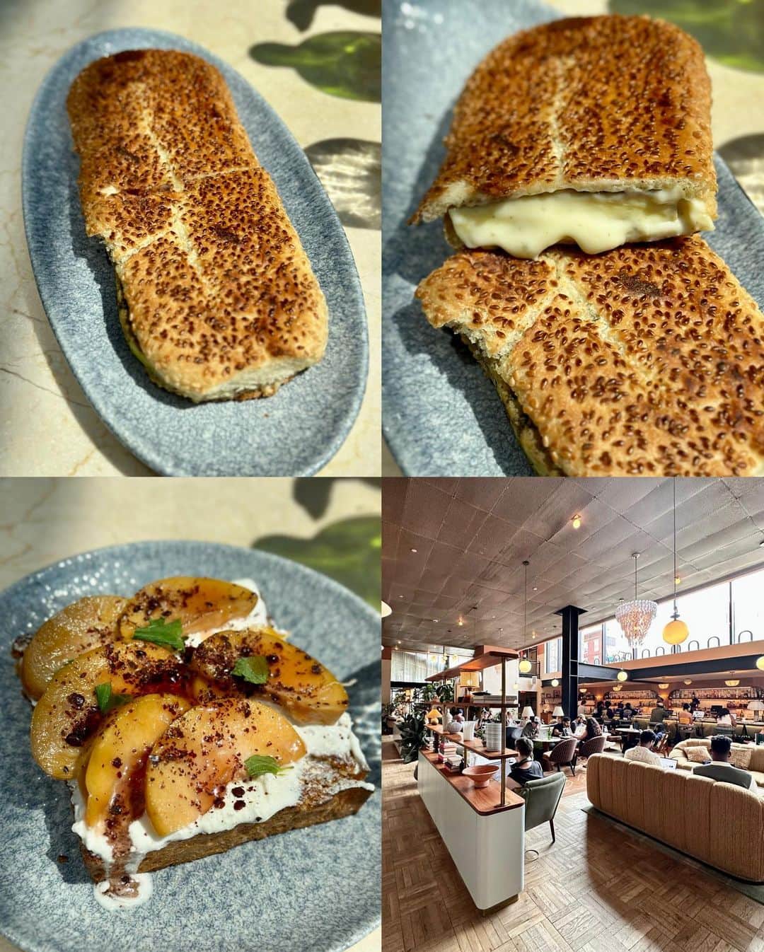 秋山具義さんのインスタグラム写真 - (秋山具義Instagram)「【ニューヨーク ４日目】 ブルックリン『K'Far』　 イスラエル料理のカフェで空間が気持ちいい。 ネットで見て食べたかった「JERUSALEM BAGELS」のEGG & CHEESEは、玉子焼きみたいなのとチーズが入っていてちょっと辛くてゴマのベーグルがサックサクで美味しい！日本でも流行りそう！ 「KUBANEH」のPEACHは、トーストの上にクリームとシャキシャキ桃。これも美味しい！ ⁡ #kfar #具義カフェ2023 #具義ニューヨーク2023」7月28日 3時28分 - gugitter