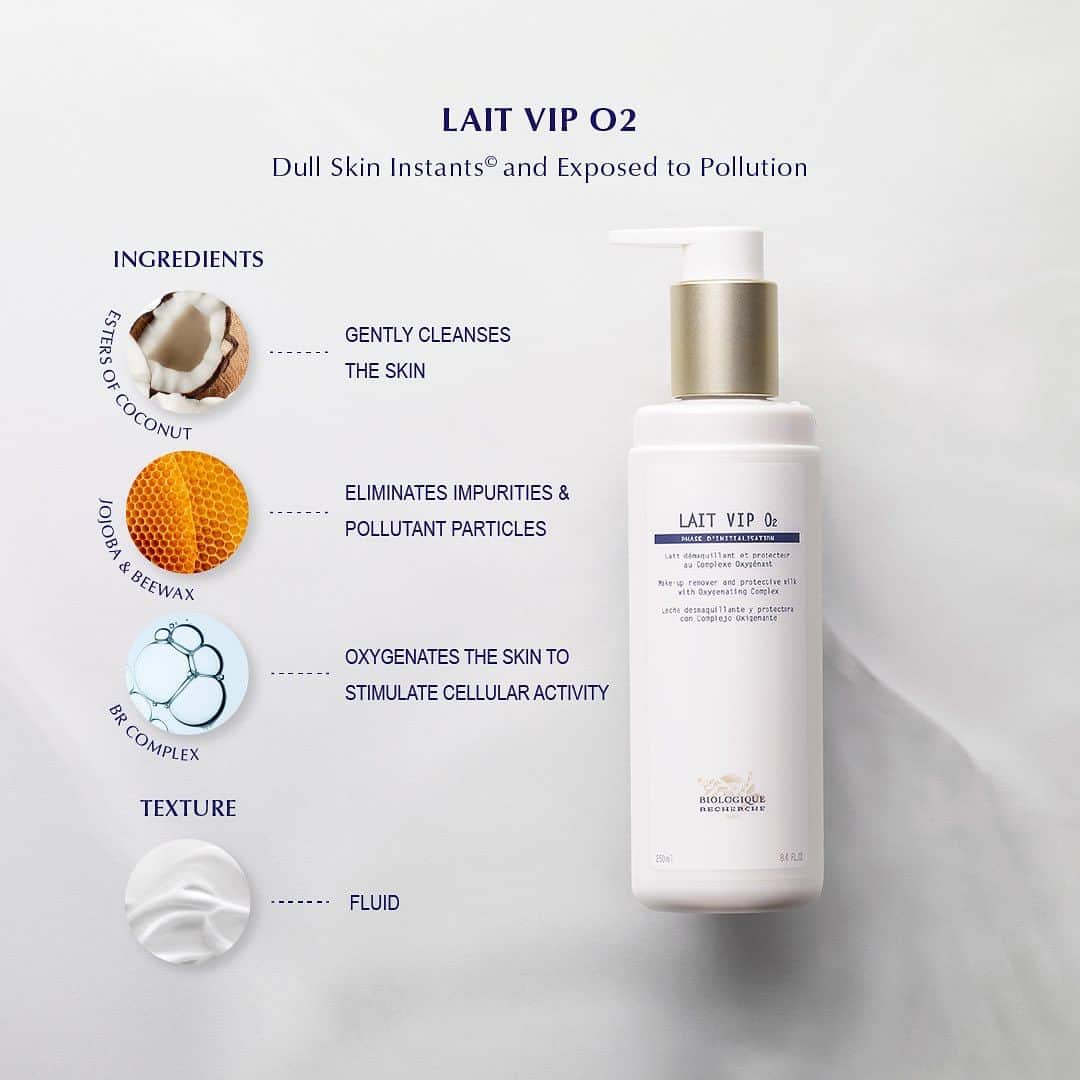 Biologique Recherche USAさんのインスタグラム写真 - (Biologique Recherche USAInstagram)「Lait VIP O2✨ developed for dull and asphyxiated Skin Instants© exposed to pollution, has been reformulated to be even more effective.   The signature Biologique Recherche oxygenating complex has been enhanced with the addition of yeast extract to purify and regenerate the skin.  The anti-pollution platform has also been strengthened thanks to the addition of rice bran oil and a complex containing jojoba and beeswax.  Our test results show that Lait VIP O2 removes 80% of micro-particles from the skin’s surface, restoring a natural brightness and radiance to the complexion.  #BiologiqueRecherche #FollowYourSkinInstant #BuildingBetterSkin #lait #cleansingmilk #LaitVIPO2」7月28日 4時07分 - biologique_recherche_usa