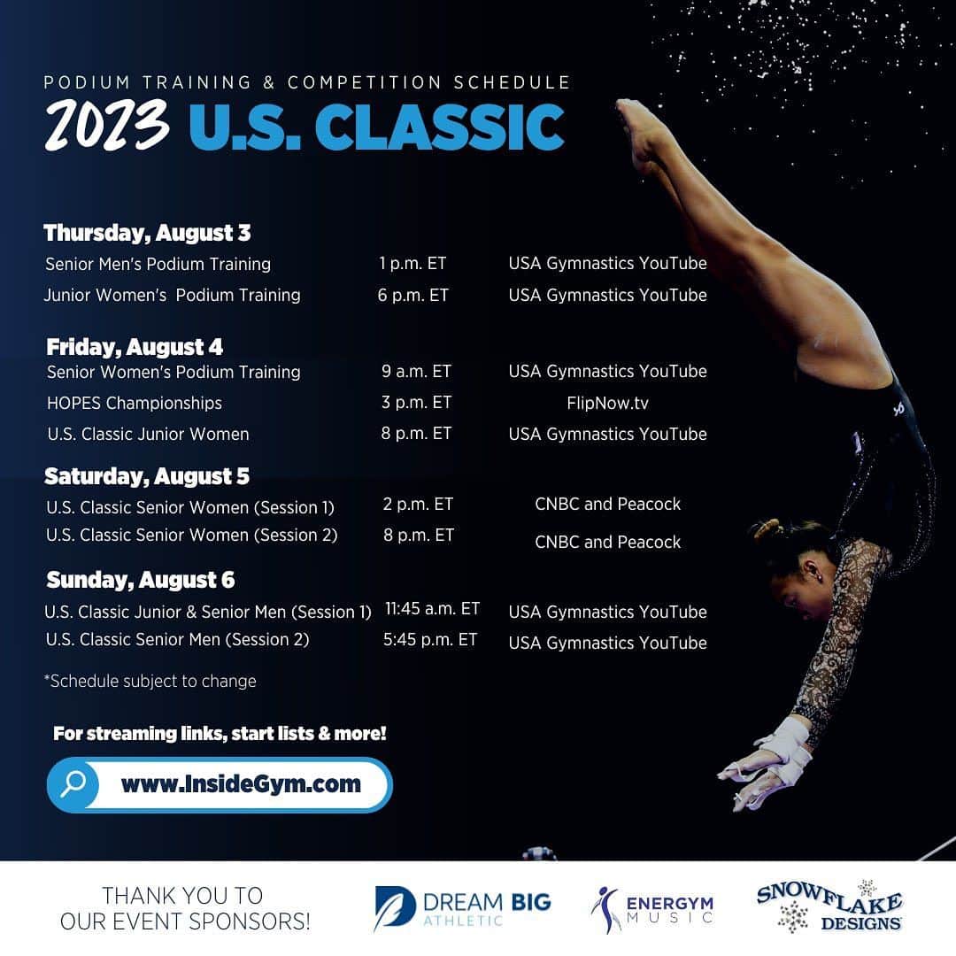 Inside Gymnasticsさんのインスタグラム写真 - (Inside GymnasticsInstagram)「1 WEEK until all the action begins at the 2023 U.S. Classic! ⌛️  Save this graphic to your phone for quick & easy access to the schedule!   Streaming links, start lists, who still needs to qualify to the U.S. Championships & more can be found on our brand new website! 😎 Link in bio!」7月28日 4時44分 - insidegym
