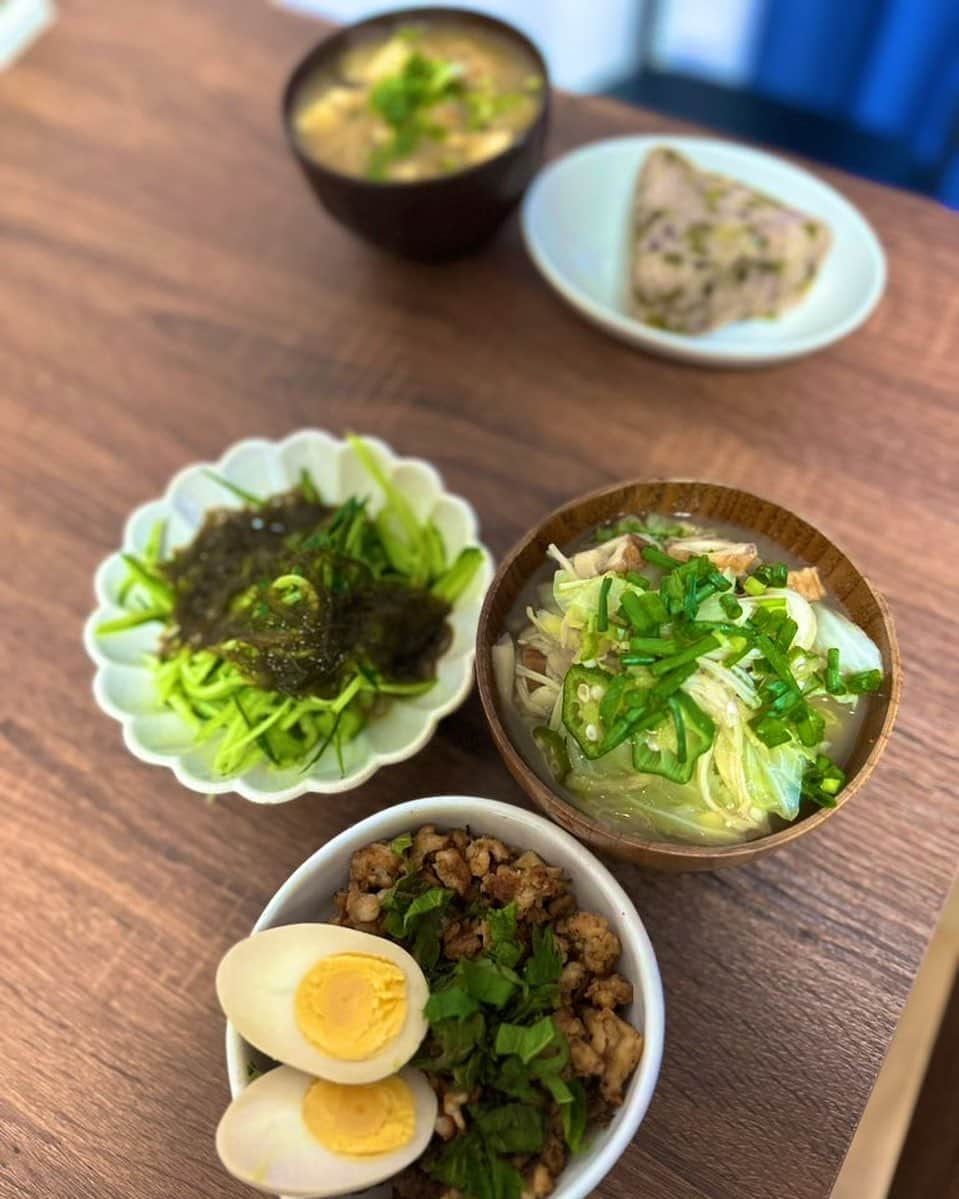 小林アナさんのインスタグラム写真 - (小林アナInstagram)「ダーリン朝食と マイ昼飯✨  #彼女飯 #具沢山味噌汁 #ネギ味噌おにぎり #鶏そぼろ丼煮卵付き #もずく酢きゅうり」7月28日 15時53分 - genkobiribiri