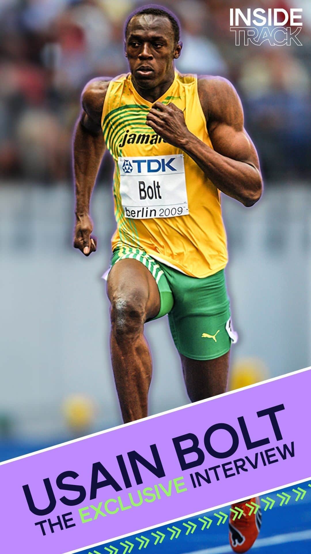 ウサイン・ボルトのインスタグラム：「“We had a bet how fast I’d run, because I knew I was going to break the world record” 👀  @usainbolt on setting his astonishing 100m WR in 2009 🔥  Our exclusive interview — on his early years, struggles and record-breaking double in Berlin — in full on Inside Track, link in bio 📲」