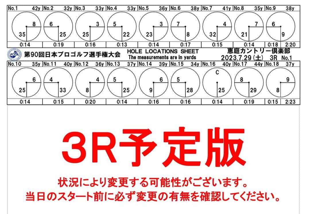  JGTO 男子プロゴルフツアーのインスタグラム：「ツアートーナメント「日本プロゴルフ選手権大会」第3ラウンドのホールロケーションを発表致します。   ＊本ロケーションは変更の可能性がございます。 選手・キャディの皆様は、当日のスタート前に変更の有無を必ずご確認下さい。」