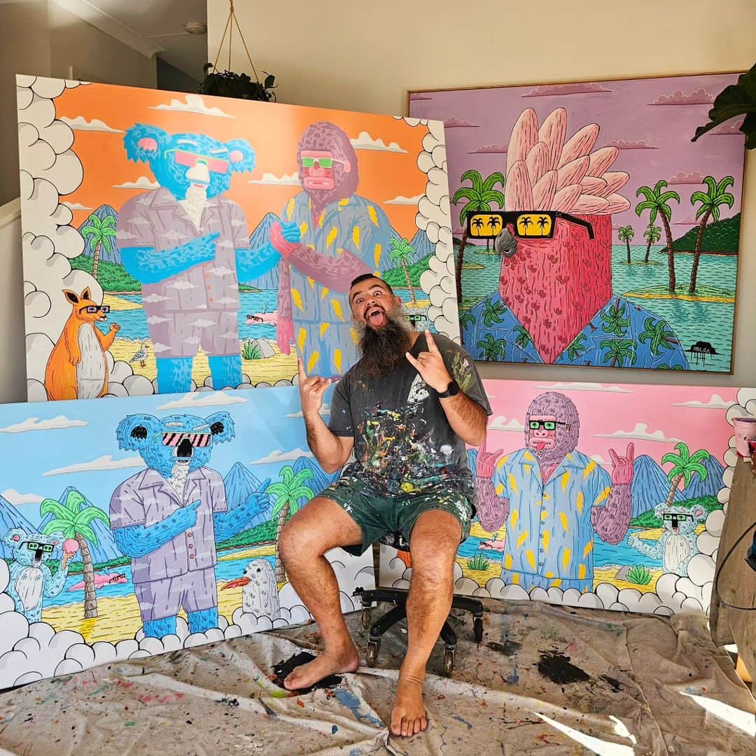MULGAのインスタグラム：「Painted these three paintings for @atlassian and @accentureanz  Finshed off the big one live at an event later that night 🎨  #mulgatheartist #artistlife #artistsofinstagram #art #artoftheday #arte #artcollector #koala #koalaart #kangaroo #gorillaart #gorilla」