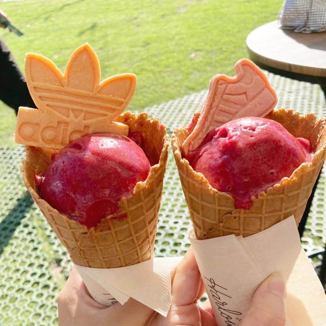 ai okadaのインスタグラム：「@adidastokyo  🍪🍪🍪🍪🍪 #SuperstarXLG #adidas  今日から明後日、日曜まで @宮下公園芝生広場  早く写真を撮らないと アイス溶けちゃう　と 言いながら📸  夏休み中の年頃の娘も、来てくれて一生懸命写真に収めてくれてて嬉しい」