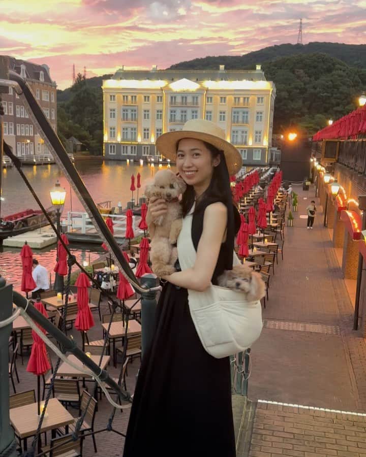 mikicoco00のインスタグラム：「・ のんびり寄り道帰省🛳🌻  あんめる初めての九州♡ 見事に曇ってくれてラッキー！ 夜も涼しくて良かった〜🎠　  美味しいご飯も沢山たべて、 楽しい夏のはじまりだっ😚🦖 ・ ・ ・ #夏休み#九州#長崎#ハウステンボス　 #ちゃんぽん#美味しい#長崎名物 #犬と旅行記#あんめるさん」