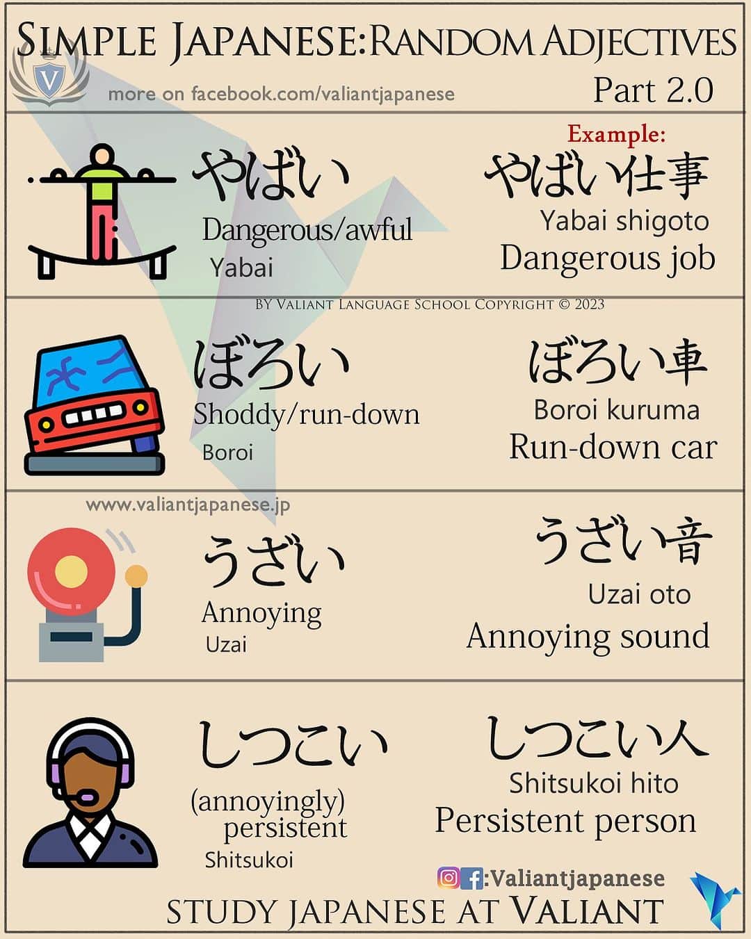 Valiant Language Schoolさんのインスタグラム写真 - (Valiant Language SchoolInstagram)「・ 👩🏼‍🏫🗣: Start Learning Japanese with @ValiantJapanese ! DM us for details.  ・ ⛩📓: Simple Japanese: Random Adjectives in Japanese part 2.0 . . . . . . . . .  . #japaneselanguage  #sushilovers  #nihongojapanese  #日本語  #hiragana  #katakana  #foodporn  #일본어  #studyjapanese   #japaneseramen   #Jepang #japanesefood  #noodles #ramen  #ramennoodles  #いらすとぐらむ」7月28日 20時09分 - valiantjapanese