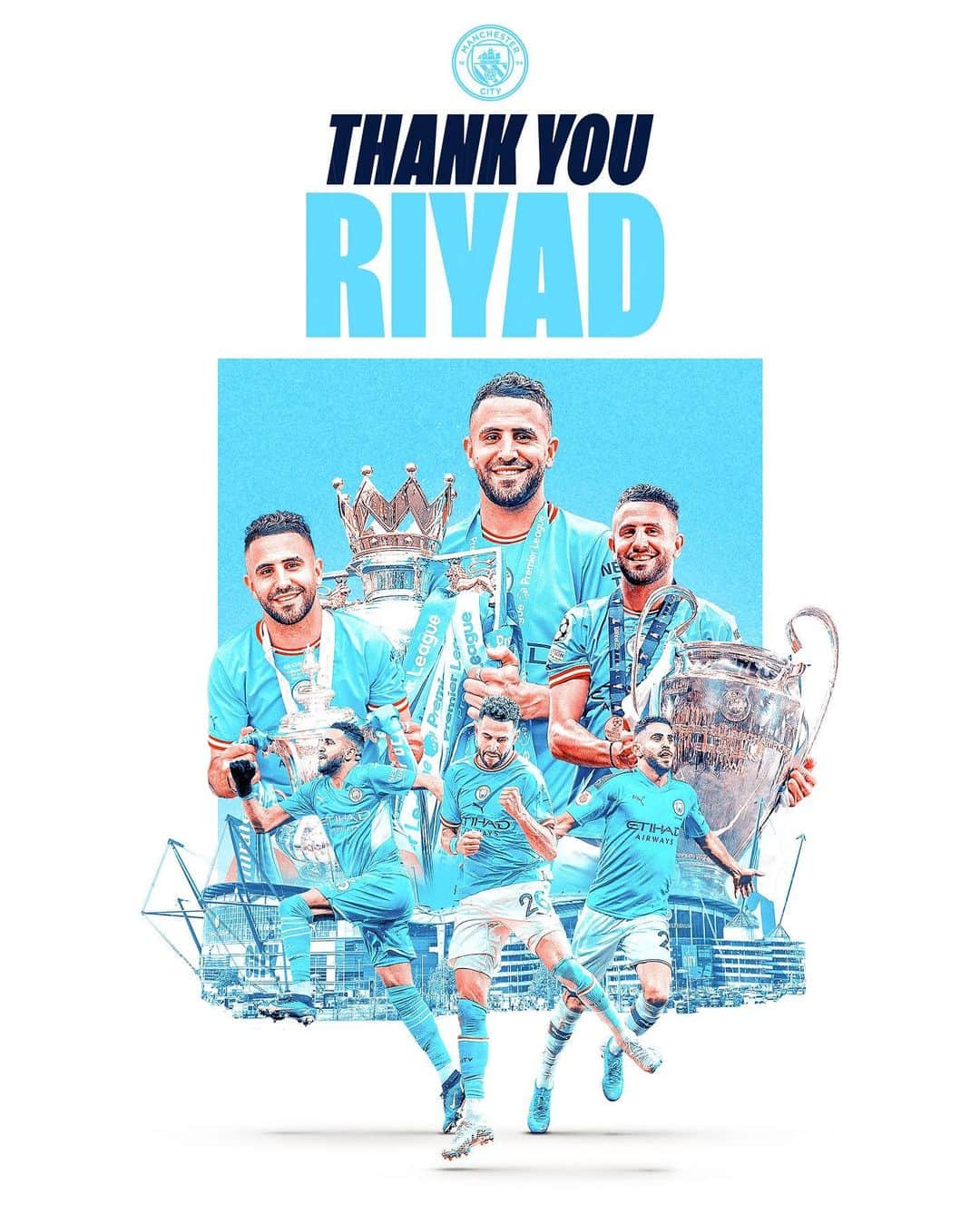 リヤド・マフレズのインスタグラム：「All the best for the future, Riyad! 🩵   @riyadmahrez26.7 ends his five year stay at City to join Al-Ahli Saudi Football Club.」