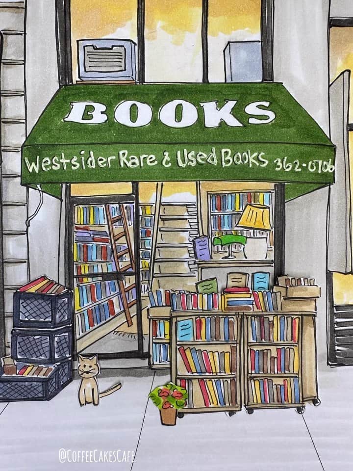 RIASIMのインスタグラム：「Hello 👋🏻 everyone!! I recently stumbled upon such a charming bookstore! Oh I fell in love with the interior layout of this iconic gem @westsiderbooks 💚📚 I can see this bookstore as a backdrop to a movie about life in NY or a scene from a romantic comedy where the couple first bumped into each other inside this bookstore. It’s darling! The narrow stairway with the stack of books on each steps to the wall filled with rare, vintage, and hard to find novels. It’s classic and timeless and somehow you feel a tug in your heart! ❤️ . Happy Friday everyone! It’s been so hot 🥵 these past few days…be careful out there! Have a wonderful weekend! 😊 . . . . . . . . . . #upperwestside #prettycitynewyork #newyorkcity #stopmotionanimation #coffeecakescafe #westvillagelife #westvillagenyc #westvillage #westvillagenewyork #nycbookstores #indiebookstore #indiebookshop #vintagebooksforsale」