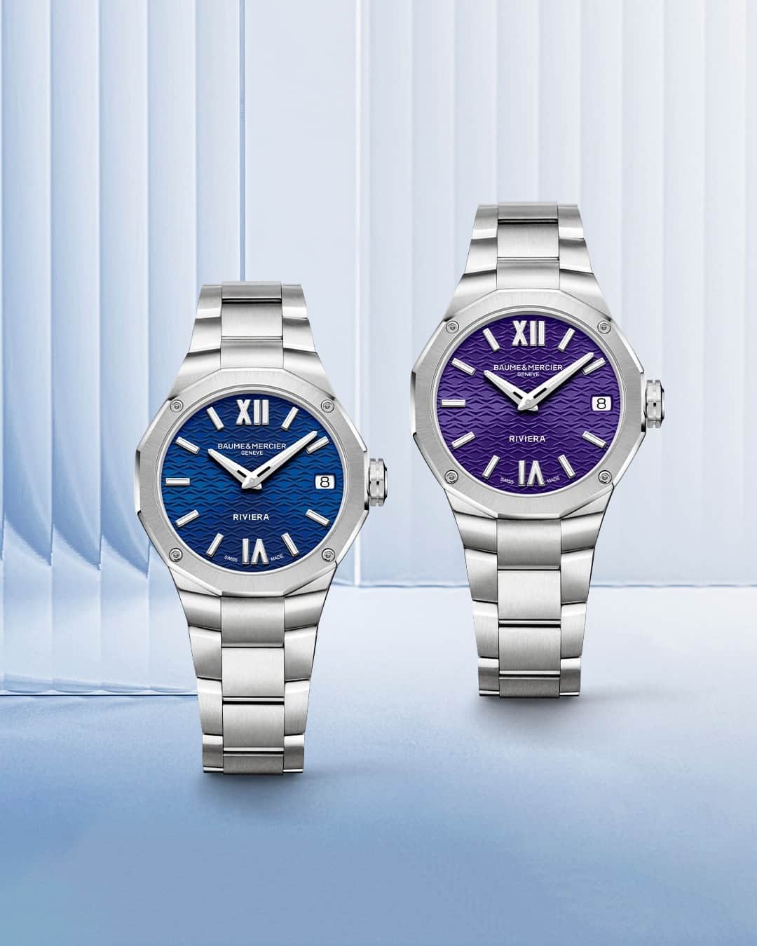 ボーンメルシーのインスタグラム：「Double the elegance, double the charm.  Embrace the virbants colors of summer with the Riviera 10727 and 10728 side by side. The Riviera 10727 features a mesmerizing blue dial while the Riviera 10728 boasts a captivating violet dial.   Which dial color screams summer vibes for you? Share you preference in the comments below! -- Riviera 10727 & 10728 33 mm, Stainless steel case, sun satin-finished dial, Date aperture at 3 o'clock, Fast Strap technology - Interchangeable strap system. -- #BaumeetMercier #ShapingTime #Riviera #Since73 #WatchCollector #Horology #DailyWatch #Watches #Watch #SwissMade #WatchOfTheDay #WatchesOfInstagram #WatchLover #WatchAddict #WristWatch #InstaWatch #InstaWatches #LuxuryTimepiece #ArtofHorology」