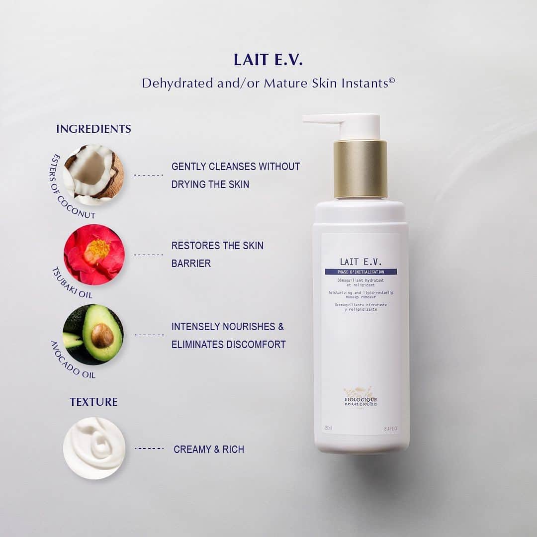 Biologique Recherche USAさんのインスタグラム写真 - (Biologique Recherche USAInstagram)「Lait E.V.✨ developed for dehydrated and mature Skin Instants, has been reformulated for greater efficacy, showing exceptional results on skin dryness, hydration levels, firmness, and the appearance of fine lines and wrinkles.   The regenerating platform has been strengthened with the addition of raspberry seed oil, tsubaki oil and hyaluronic acid.   The lipid-restoring platform has been enhanced with the addition of avocado oil and loofah oil.   Lait E.V.’s rich texture cleanses the skin while intensely nourishing it to relieve sensations of tightness, leaving the complexion moisturized and comfortable.   Our test results show that Lait E.V. reduces skin dryness by 59%, increases hydration levels by 56%, increases skin suppleness by 27% and reduces the appearance of fine lines caused by dehydration by 26%.   #BiologiqueRecherche #FollowYourSkinInstant #BuildingBetterSkin #lait #cleansingmilk #LaitEV」7月28日 21時57分 - biologique_recherche_usa