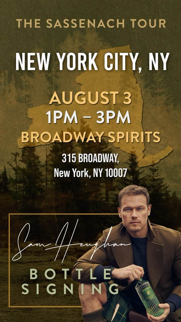 サム・ヒューアンのインスタグラム：「New York, we’re coming for you! 🗽🍏  Join us on Thursday, August 3rd at @broadwayspirits to celebrate the launch of the #Sassenach #WildScottishGin  Looking forward to seeing you! 🍸  Broadway Spirits 315 Broadway New York, NY 10007 Thursday, August 3rd  1:00pm - 3:00pm  Bottle signing only, while supplies last and during the two hours at stores! . . . #SamHeughan #SassenachSpirits #Gin #Whisky」