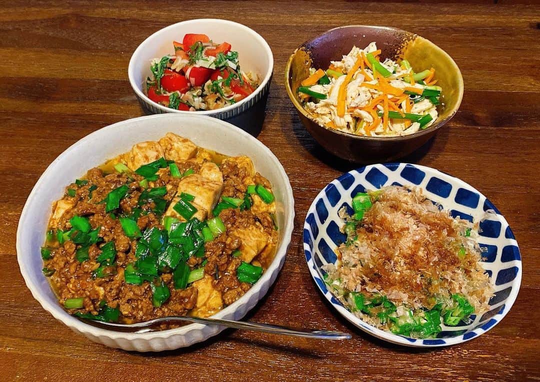 山崎ケイのインスタグラム：「🍚 ニラ入り麻婆豆腐 おくら鰹節かけ トマトとしそとみょうがのポン酢かけ ささみとにんじんとネギのナムル  #献立」