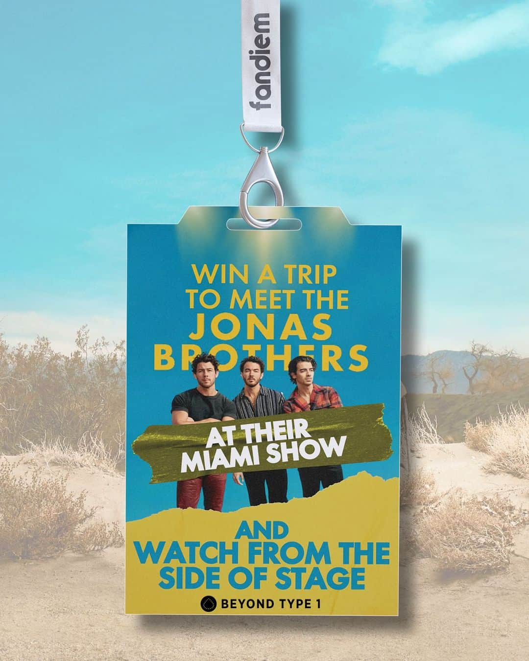 ニック・ジョナスのインスタグラム：「We're giving away a trip to meet us at our show in Miami and watch our show from side stage!   Donate To Win two artist guest passes for our show in Miami, FL on Oct 14 with early entry, side stage viewing and seats in our friends & family section PLUS round trip travel, 3-night hotel stay, spending money and more.   Your donations support @beyondtype1 and help unite the global diabetes community to provide solutions to provide solutions and improve lives.  Donate To Win at: fandiem.com/jonasbrothers or the link in bio!」