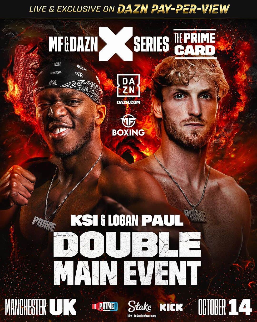 ローガン・ポールのインスタグラム：「The PRIME card is here!  We will both fight on the same night for the first time since our rematch in 2019, live on DAZN PPV.  Opponents will be announced soon.  October 14 | AO Arena, Manchester |  @misfitsboxing @mf_daznxseries | @drinkprime | @kickstreaming | @stake」