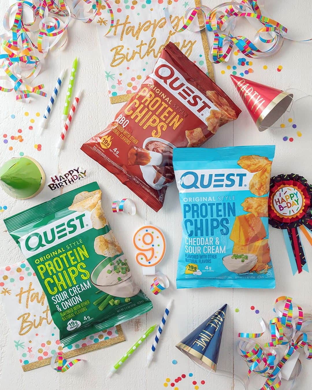 questnutritionのインスタグラム：「DOUBLE TAP to wish the original #QuestChips a happy 9th birthday! 🥳🙌🤩 Who loves them? 💪 #OnaQuest #QuestNutrition #ProteinChips」