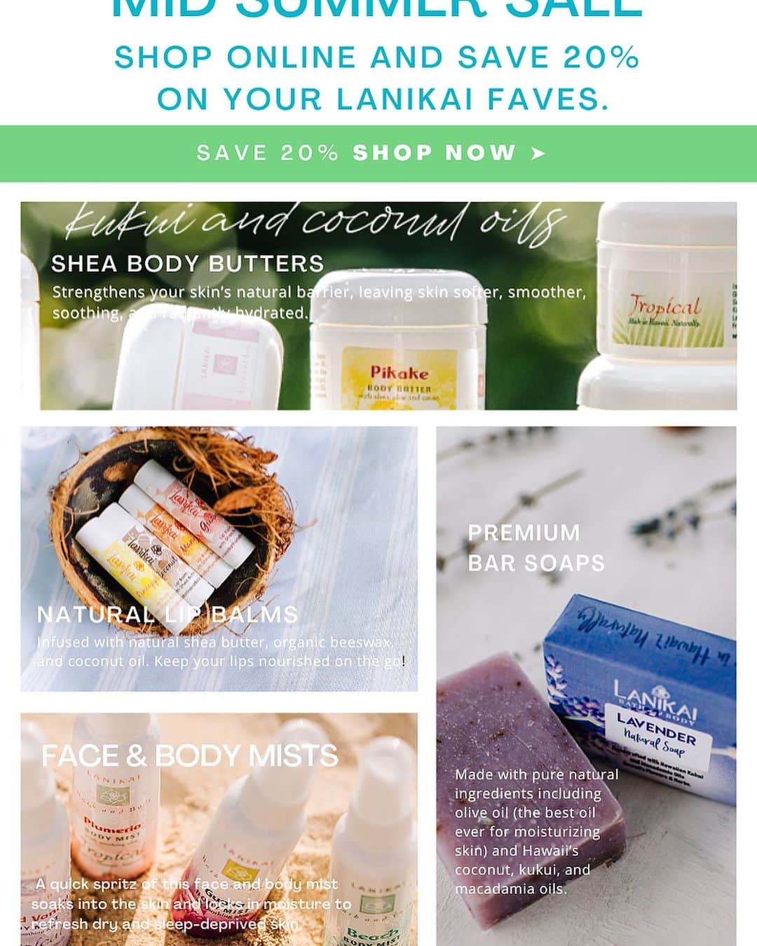Lanikai Bath and Bodyのインスタグラム：「Shop Online! Mid Summer Sale! USE CODE SUMMER23 when checking out to SAVE 20%. As always, your free items will be added to your shipment and will not show up in your cart. Offer ends 8/2/23, midnight.」