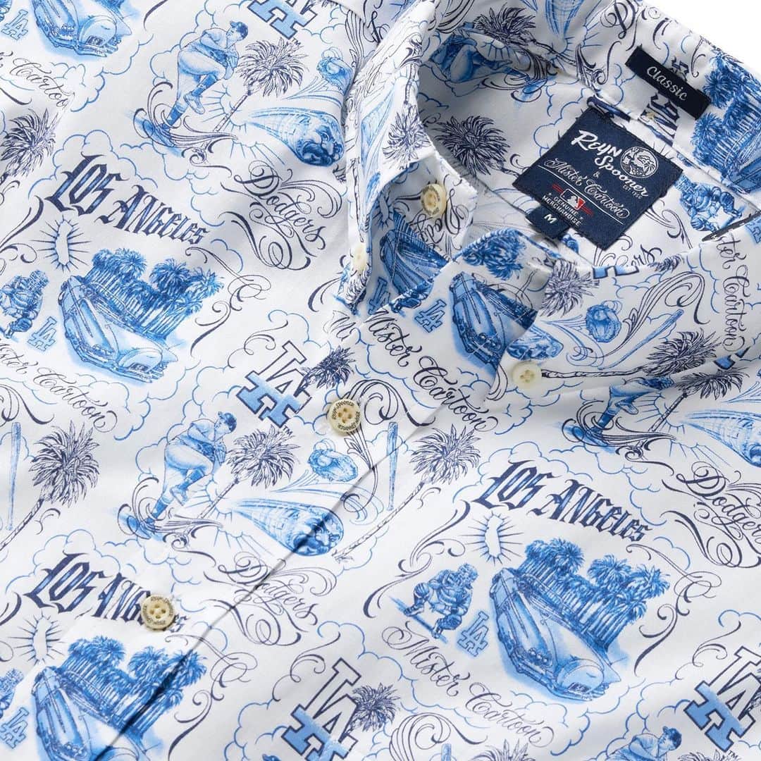 レインスプーナーのインスタグラム：「Our collaboration with @misterctoons and the @dodgers is now live in-store and online. This limited-edition hand-drawn print effortlessly blends the essence of the Los Angeles Dodgers' rich history and Mister Cartoon's iconic style to create a truly unique and captivating design - a must-have for any Dodgers fan, Mister Cartoon enthusiast, or for anyone who is on top of their fashion game.」