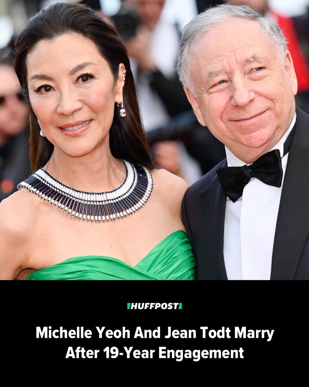 Huffington Postのインスタグラム：「As her Hollywood career continues to soar, Michelle Yeoh is taking her real-life love story to the next level.⁠ ⁠ According to People and other outlets, the “Everything Everywhere All at Once” actor married her longtime fiancé, former Ferrari CEO Jean Todt, on Wednesday after a 19-year engagement.⁠ ⁠ Though details are scarce, the ceremony took place in Geneva, Switzerland, as seen in a series of photos shared by Formula 1 driver Felipe Massa on Instagram.⁠ ⁠ One snapshot appeared to be of the couple’s wedding program.⁠ ⁠ “We met in Shanghai on 4th June 2004,” it reads. “On 26th July 2004, J.T proposed to M.Y and she said YES! Today after 6992 days on 27th July 2023 in Geneva, surrounded by loving family and friends, we are so happy to celebrate this special moment together!"⁠ ⁠ Read more at our link in bio. // 📷 Getty Images // 🖊️ Curtis M. Wong」