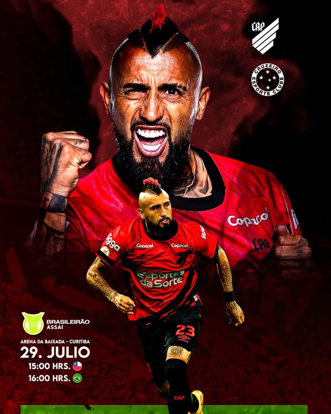 アルトゥーロ・ビダルのインスタグラム：「Listos para mañana @athleticoparanaense ❤️🖤🌪️👍🏼🙏💪🏾 vamos con todo equipo 👊🏽」