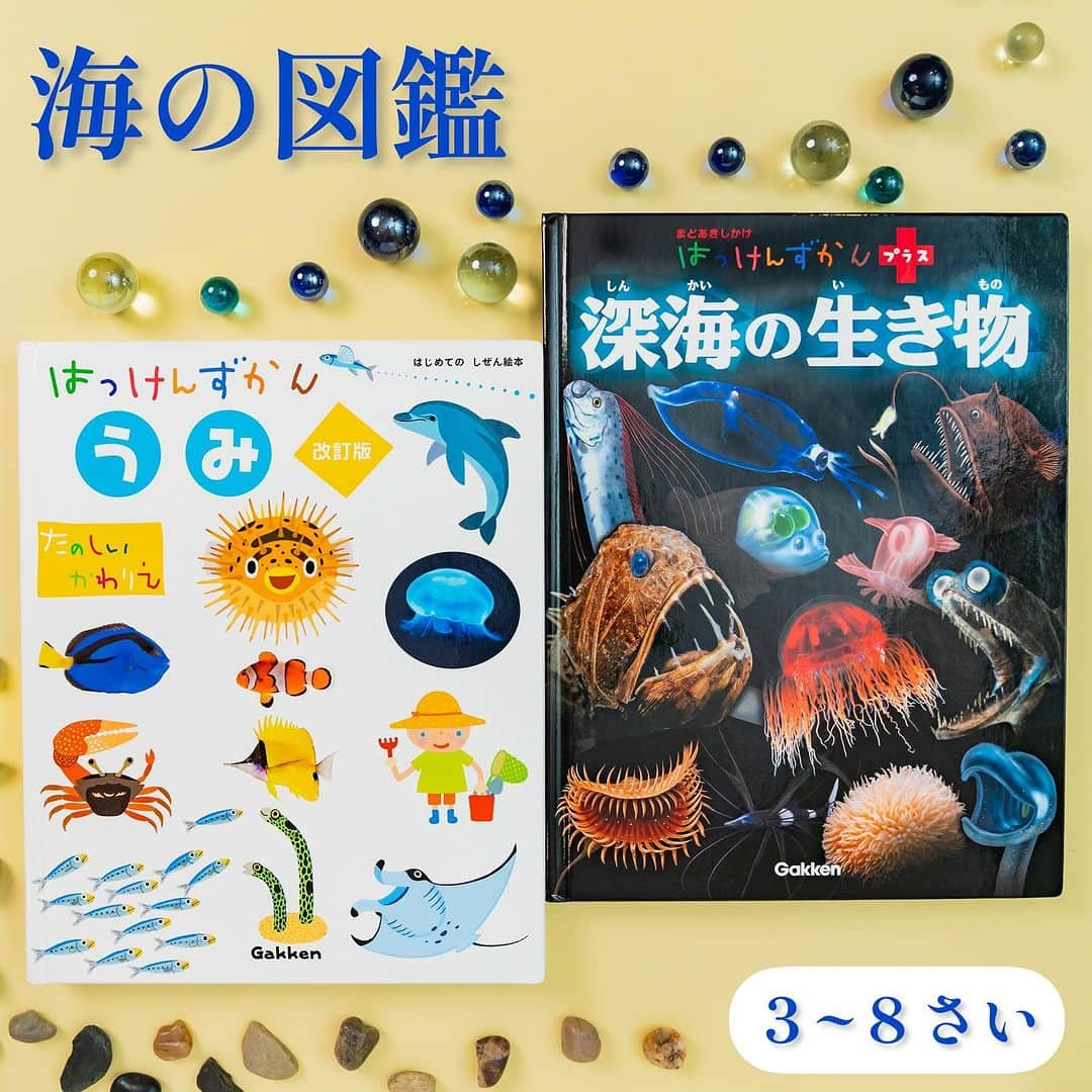 学研ゼミ【公式】のインスタグラム：「海のふしぎを、めくってはっけん🌊 海の生き物図鑑で、夏の冒険に出発   いよいよ夏本番！ 夏といえば、やっぱり #海 🏖️ 今回は、Gakkenの #図鑑 から 「海」にまつわる２冊をご紹介します🏖️   🦑『 #深海の生き物 （ #はっけんずかんプラス ）』 おすすめの年齢：３歳～８歳   まどあきしかけをめくると、 魚の体が光ったり、 獲物をおびきよせたり、 思わぬ形に変形する生き物も👀　 不思議な #深海 の生き物たちが 約150種類も登場します！   水深200ｍから どんどん深く潜っていくページ構成で 気分は深海探検🫧 最後は水深10000mに到達‼️️   図鑑ページには、 幻想的で美しい生き物、 ユニークな姿や怖い顔の生き物など、 貴重な写真が満載です📸   🐠『 #うみ　改訂版（ #はっけんずかん ）』 おすすめの年齢：２歳～６歳   しかけをめくると、 #魚 が砂から出てきたり、 #イルカ が食べ物を見つけたり…。 楽しいイラストで、 #海の生き物 たちの生態がわかります。 写真で構成される 図鑑ページも充実。   『うみ』は、すべてひらがな表記で イラストもかわいらしく、 小さいお子さんにも親しみやすいのが特徴。 海の生き物に 興味を持ち始めたら、 最初の図鑑に最適な一冊です🐟   #夏休み 、 #海水浴 や #水族館 に行く時の 予習・復習や、 おうちにいながら 涼しい気分になるのに Gakkenの図鑑をお役立てください🌊   #Gakken #学研の絵本 #絵本 @gakken_ehon」