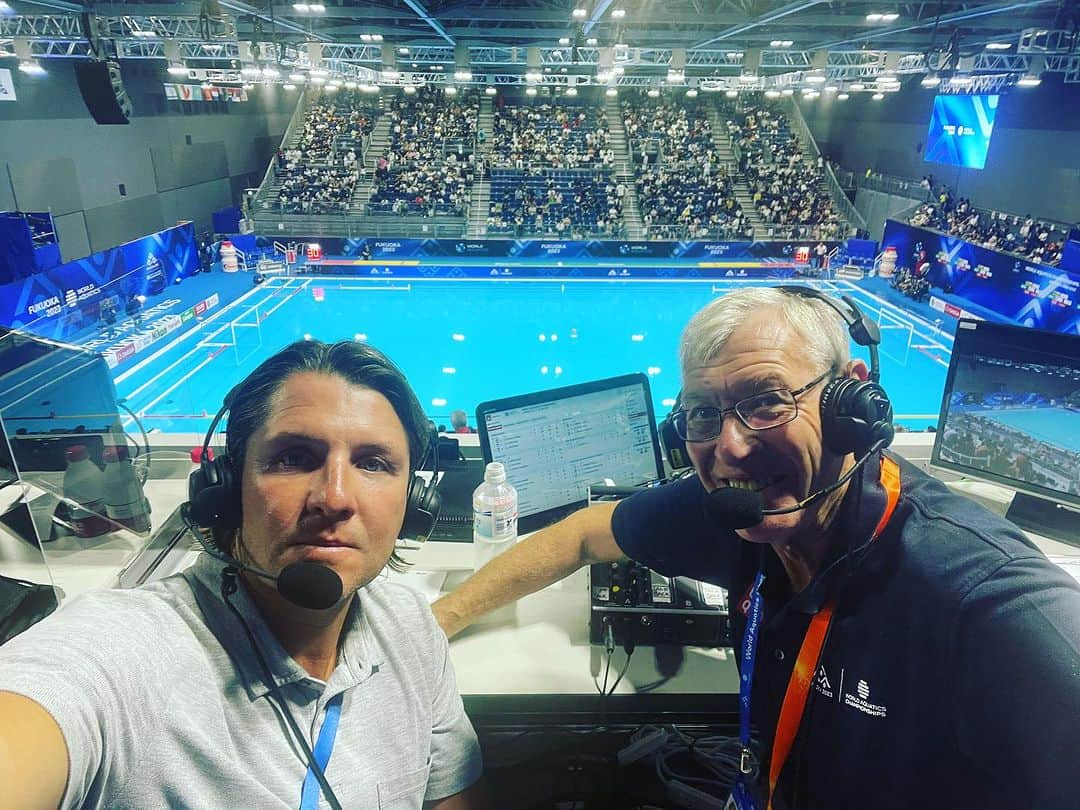 トニー・アゼベドのインスタグラム：「I have seen a lot of water polo in my life but tonight was maybe the best game I have ever seen and was lucky enough to commentate on it! Athletes and coaches alike watch the game on peacock or recast!  Thanks legend John Helm for being my partner this week!」