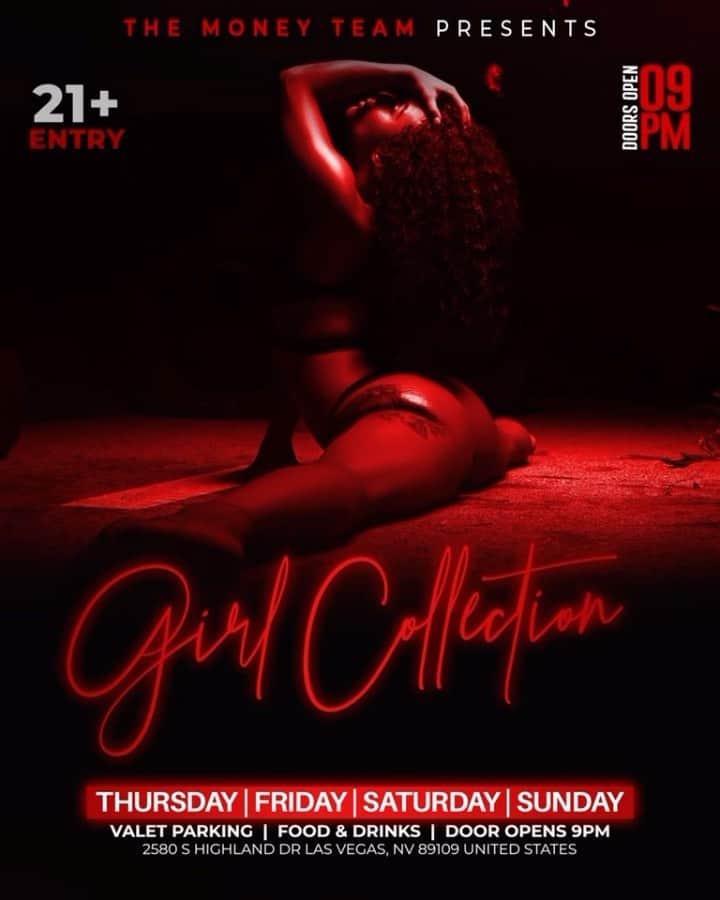 フロイド・メイウェザー・ジュニアのインスタグラム：「GIRL COLLECTION IS THE PLACE TO BE IN VEGAS ALL WEEKEND LONG  DOOR OPENS @ 9:00pm   •THURSDAY •FRIDAY •SATURDAY •SUNDAY  Must be 21 To Enter.  Ladies are welcome with or without male companion.  Come party at the best most luxurious venue in Las Vegas “Girl Collection”  GIRL COLLECTION 2580 S Highland Dr Las Vegas, NV 89109 1 -(844) 447-5758  #GirlCollection  @girl.collection_lv」