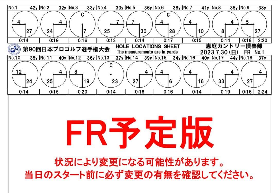  JGTO 男子プロゴルフツアーのインスタグラム：「ツアートーナメント「日本プロゴルフ選手権大会」最終ラウンドのホールロケーションを発表致します。   ＊本ロケーションは変更の可能性がございます。 選手・キャディの皆様は、当日のスタート前に変更の有無を必ずご確認下さい。」