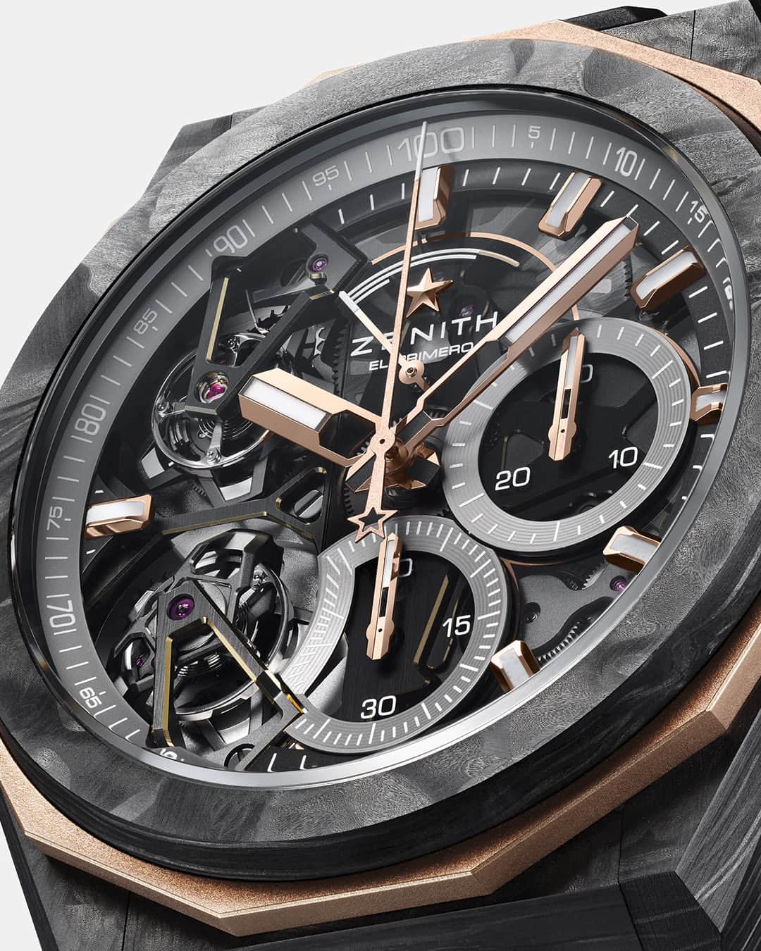 ゼニスのインスタグラム：「#DoubleTourbillon: Because even traditions evolve. DEFY Extreme Double Tourbillon in red gold and carbon fiber, bridging the past and the future.」