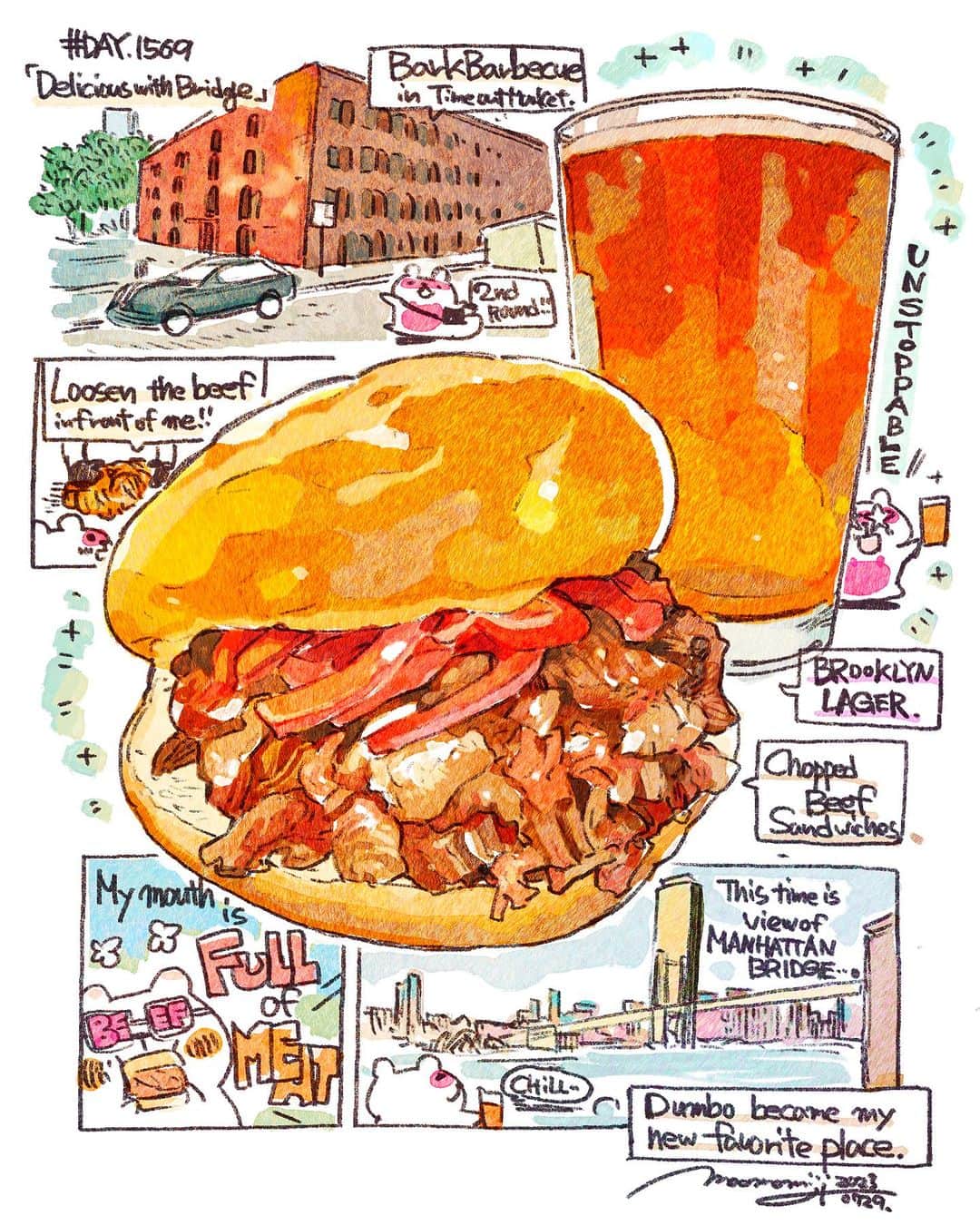 のインスタグラム：「『#DAY1569/「Delicious with another bridge」』  もみじ真魚/MaoMomiji 2023年7月29日 21:29  "I kept eating good food while watching the bridges." The shake had energized my stomach, and I used the momentum to go to the nearby Times Out Market. And I gobbled up the beef sandwich that was recommended to me! The sandwich and beer were exceptional, eaten in a space overlooking the bridge, a place that makes you love Brooklyn!  「橋を見ながら美味しい物を食べ続ける」 シェイクで胃袋が元気になったのか、その勢いで近くのタイムズアウトマーケットへ行きました。そしてオススメを貰ったビーフサンドイッチをガブリ！橋を見渡せるスペースで食べるサンドイッチとビールは格別でした、ブルックリンが好きになる場所！  #日刊ごはんが好き #foodie #foodieart #dailyilovefood  #毎日更新 #foodillustration #fooddrawing #もみじ真魚 #maomomiji #飯テロ #美食 #barkbarbecue #timeoutmarket #beefsandwich #brooklyn」