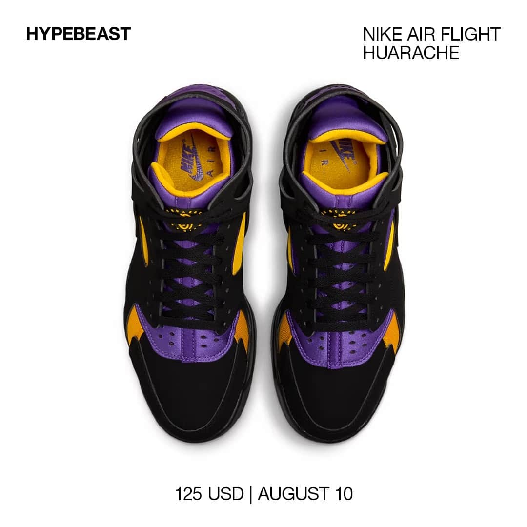 HYPEBEASTさんのインスタグラム写真 - (HYPEBEASTInstagram)「@hypebeastkicks: Three months ago, @nike revealed that it would be recreating Kobe Bryant’s Air Flight Huarache “Lakers Away,” releasing it to the general public. ⁠ ⁠ Its color composition borrows the @lakers' “Varsity Purple” and “Del Sol,” placing the iconic colors beneath a dominant black hue. As for material composition, a mixture of neoprene, canvas and nubuck combine across the upper with yellow branding on the tongue and purple hits at the heel.⁠ ⁠ Expect the shoe to hit the shelves beginning August 10 via Nike and select retailers for $125 USD.⁠ Photo: Nike」7月30日 14時00分 - hypebeast